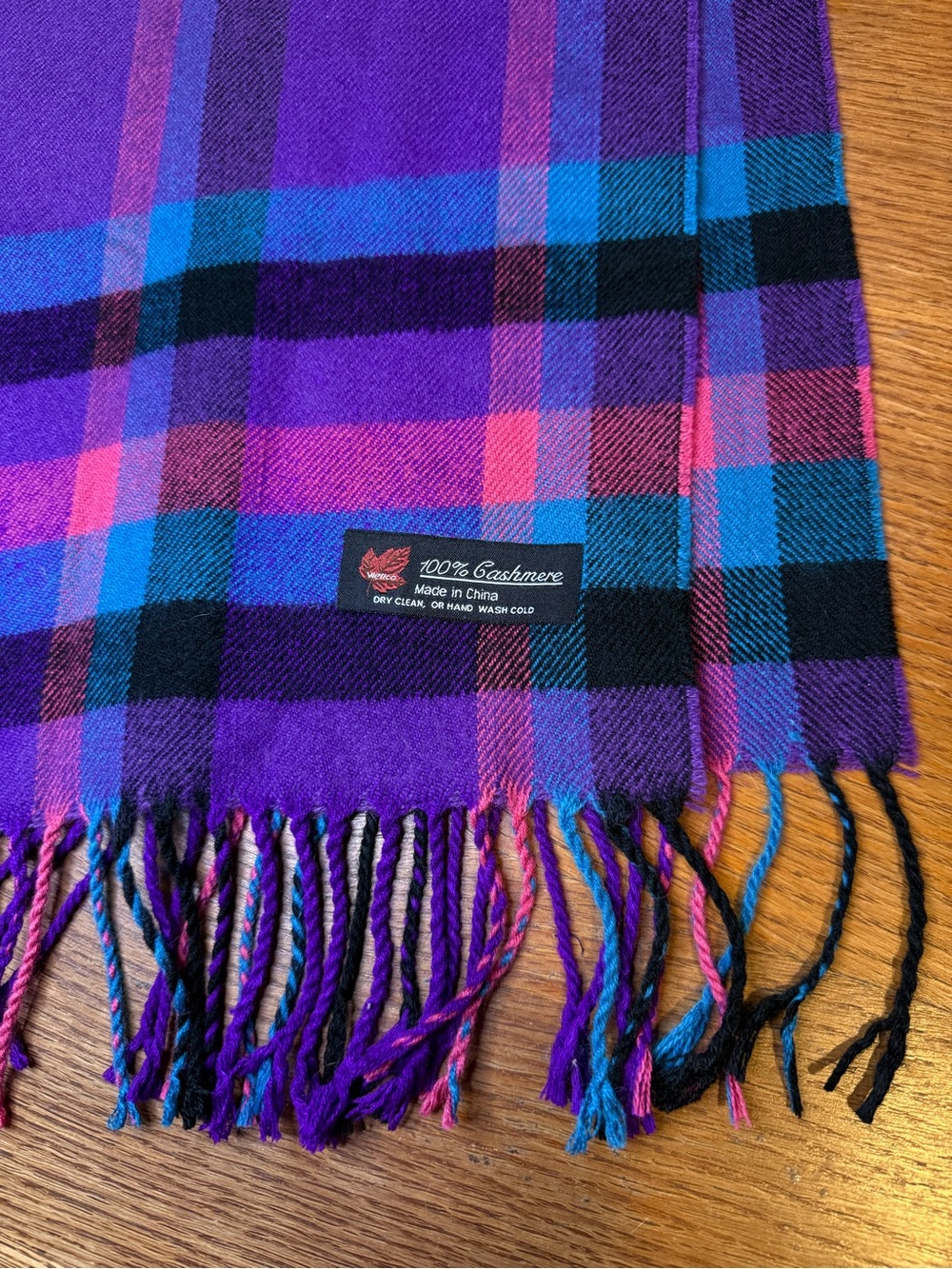 Wellco 100% Cashmere Scarf Plaid Jewel Tone Purple Pink Blue Fringe Unisex